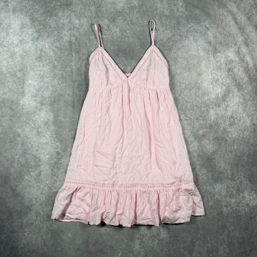 Francescas Pink V-Neck Crochet Trim Ruffle Mini Dress XS Fairycore Babydoll